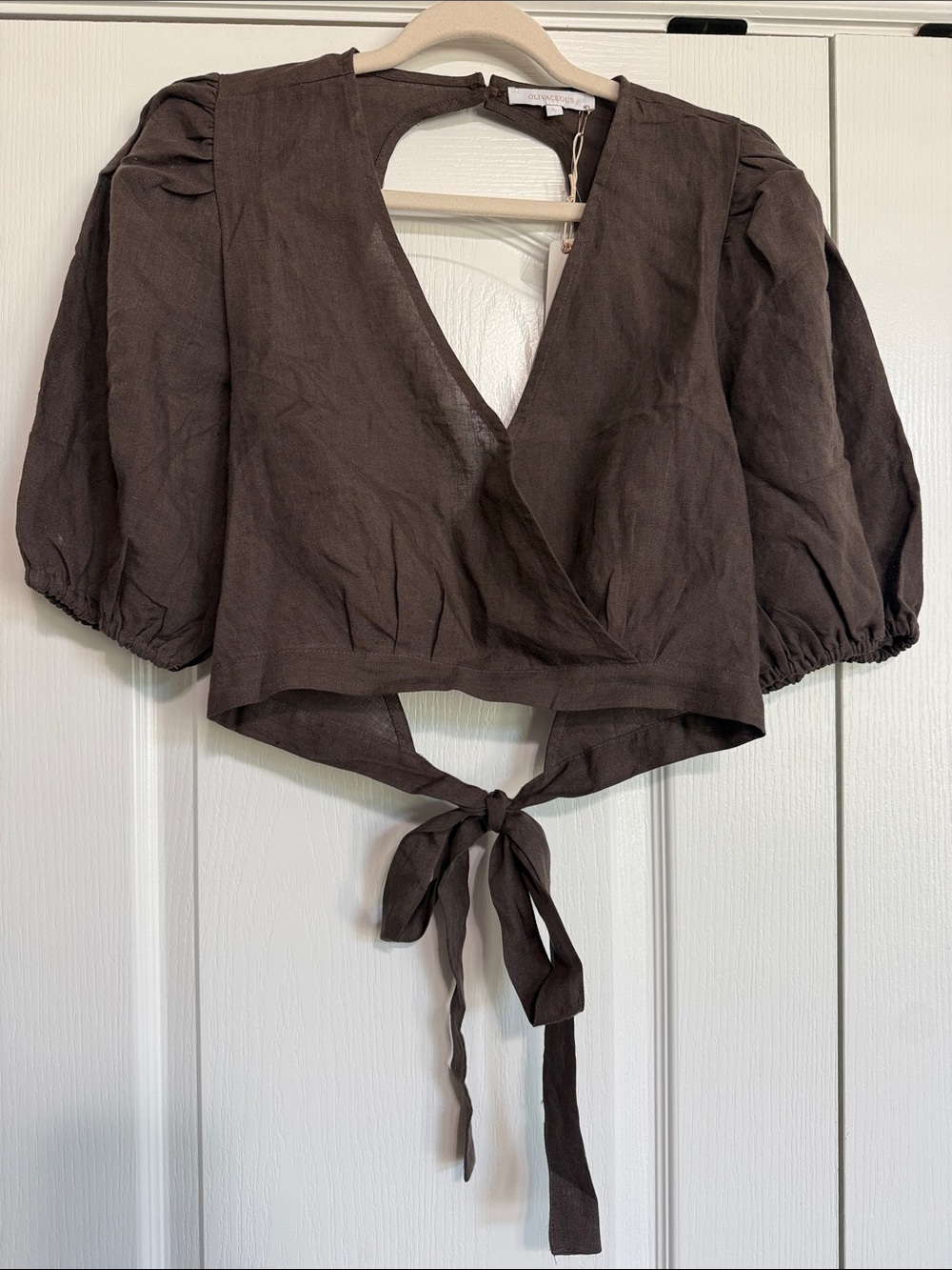 Olivaceous Chocolate Brown Tie-back Puff Sleeve Blouse